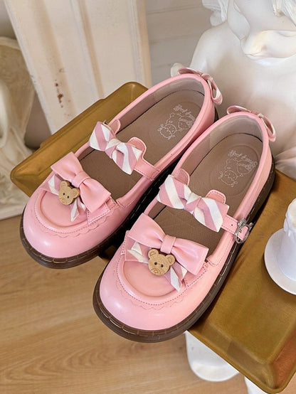 - 2 cm süße, gleichmäßig gestreifte Flats mit rosa Schleife und PU-Lolita-Sohle