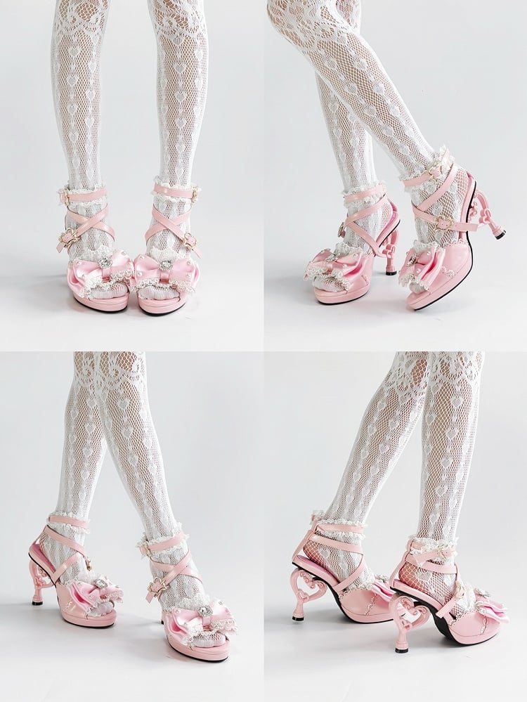 Herzförmige Mädchen High Top Sandalen bei Hime Magical Pink Gyaru Heels Schuhe Bow