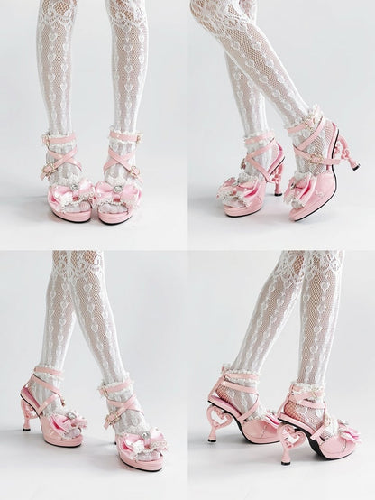Herzförmige Mädchen High Top Sandalen bei Hime Magical Pink Gyaru Heels Schuhe Bow