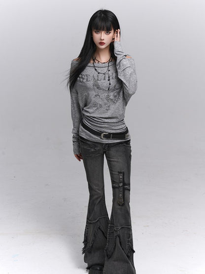 Gray Tee Oversized Print Gothic Sleeve Swallow Long Off-Shoulder