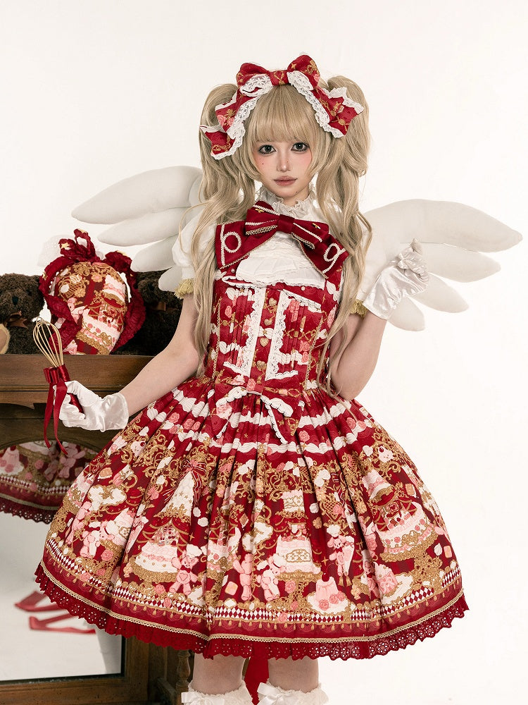 JSK Details Lolita Sweet Bow Trim with and Lace Bear Print Red Cake Dress