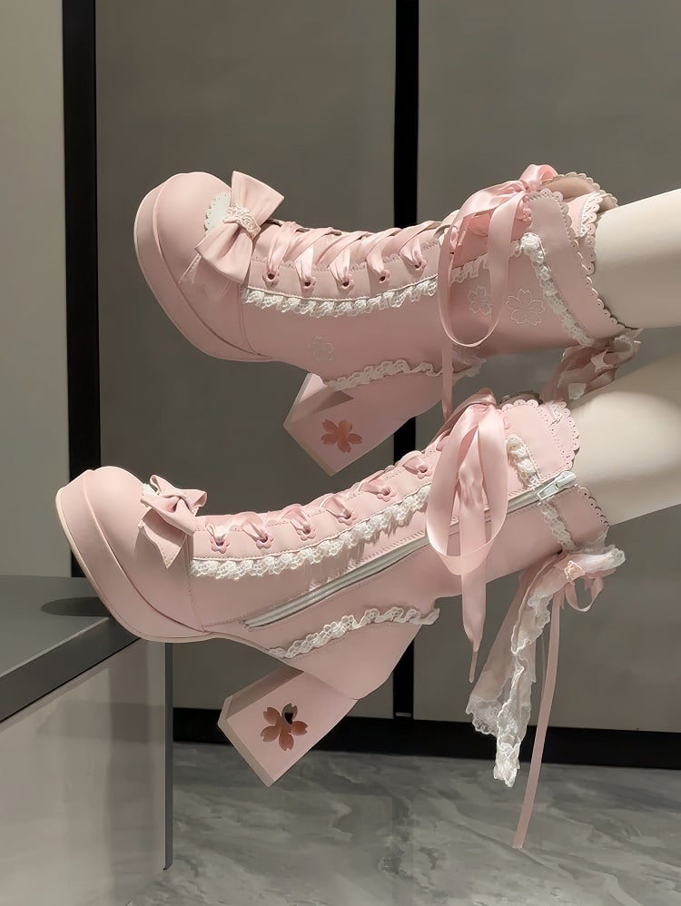 High-heel Embroidery with Lolita Boots Sweet Closure Pink Sakura Dual