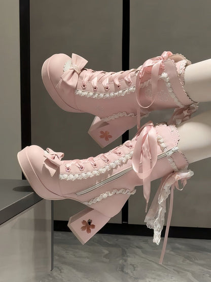 High-heel Embroidery with Lolita Boots Sweet Closure Pink Sakura Dual