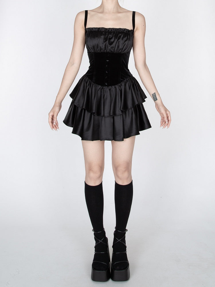Gothic Schwarzer Stufenrock Vintage Cami Kleid