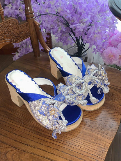 Dark Blue 2.5CM Platform 8cm Heel Clogs with Big Bow and Floral Details - Aimee