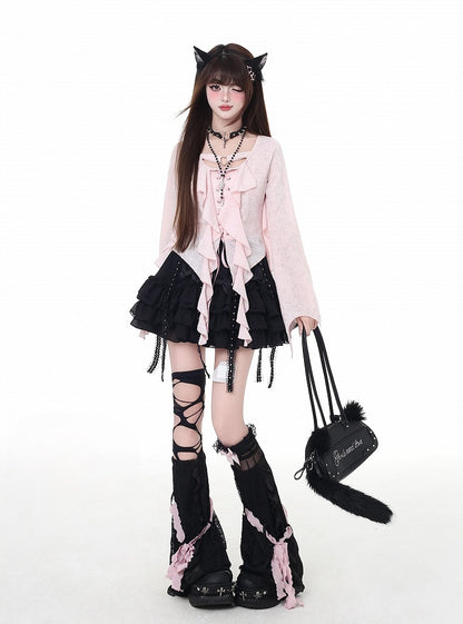 アシンメトリーなフリルプラケットヘムシフォントップス ピンク レースアップ ブラック/ライト