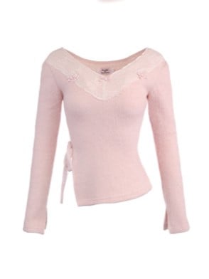 Rosa Strickpullover mit Schleifenakzenten und verspieltem Banddetail, V-Ausschnitt mit Spitzenbesatz