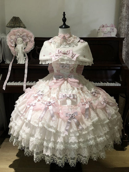 Shimmer Hime Set OP Lolita Decorated Bows Princess Pink Layered Full Dress