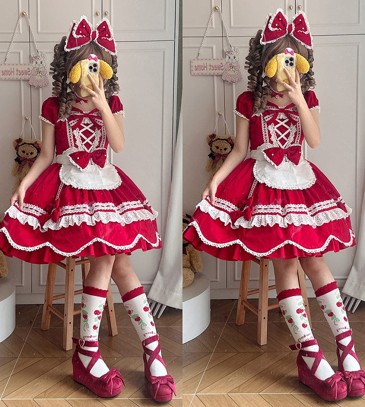 Old School Stück und Quadrat Kleid Baumwolle Kurze Rote Puffärmel Ein Ausschnitt Lolita