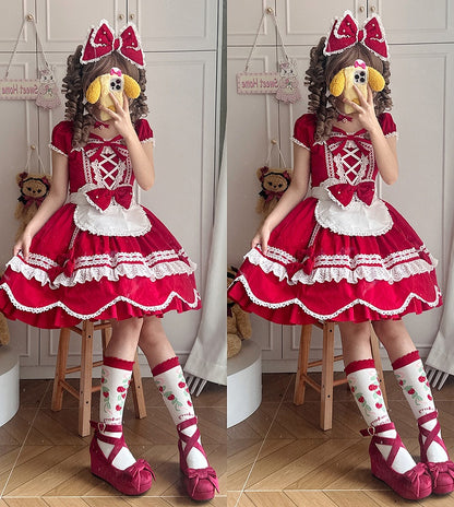 Old School Stück und Quadrat Kleid Baumwolle Kurze Rote Puffärmel Ein Ausschnitt Lolita