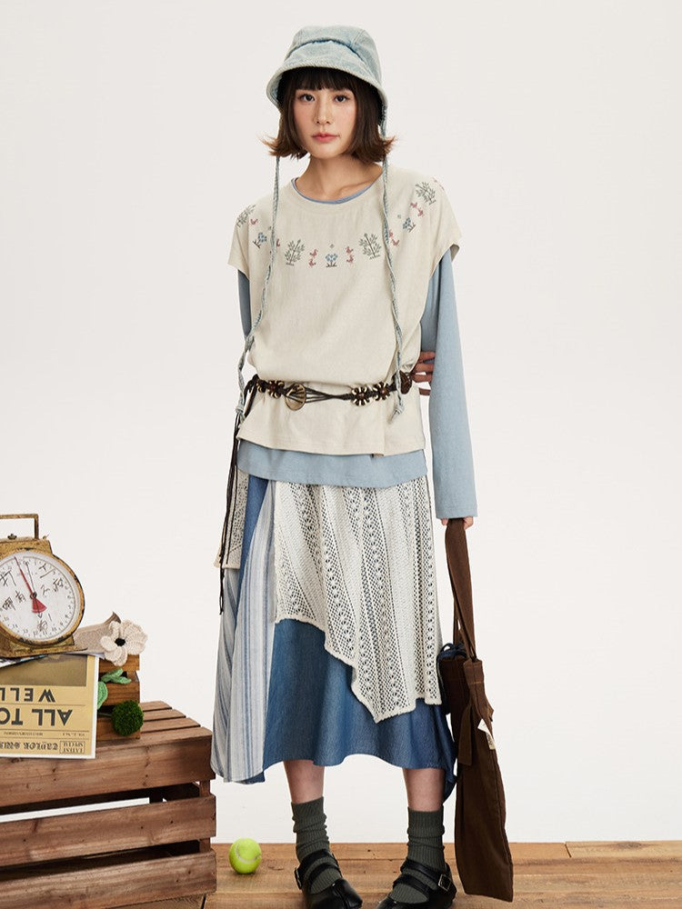 Vintage Design Waist Asymmetrical Lace Patch Skirt Elastic