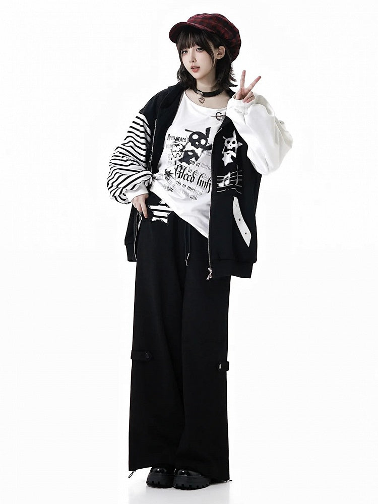 Pants Black Star Design Straight-Leg Stripe Applique with Drawstring