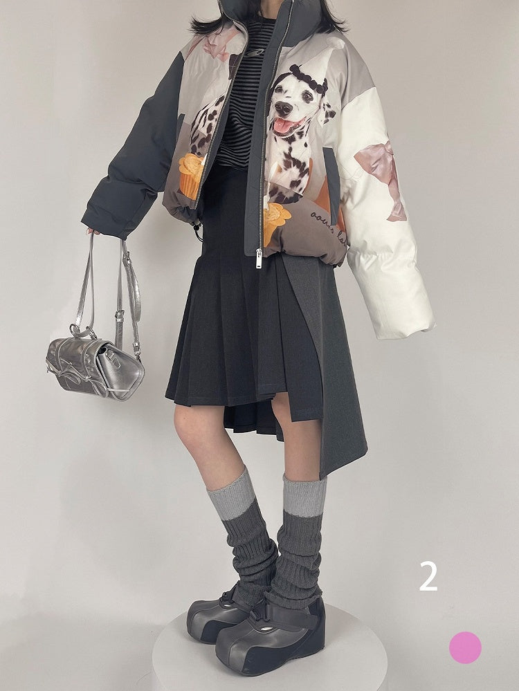 Jacket with Dog Stand Collar Zip-Up Gray Dark Print Spot