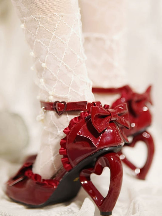 Accent Heels Red for Leather Wine Lolita Elegant PU Bow High -