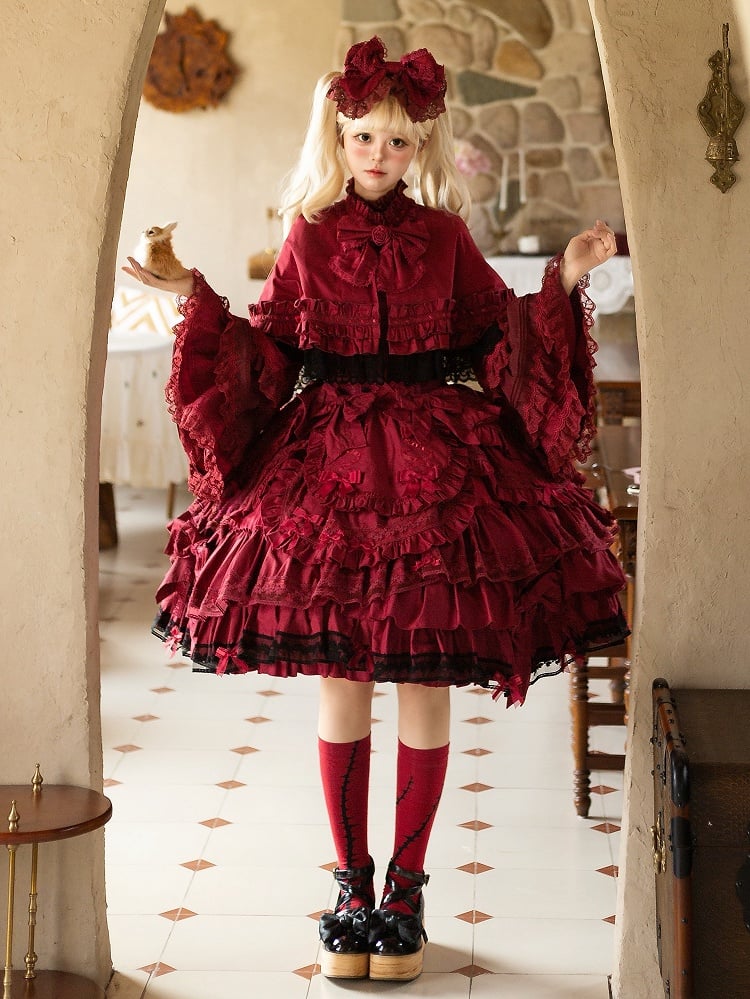 Sleeves Bust + Blouse Bell Gothic - Cape JSK Lolita Wine Set Under Full Red Dress