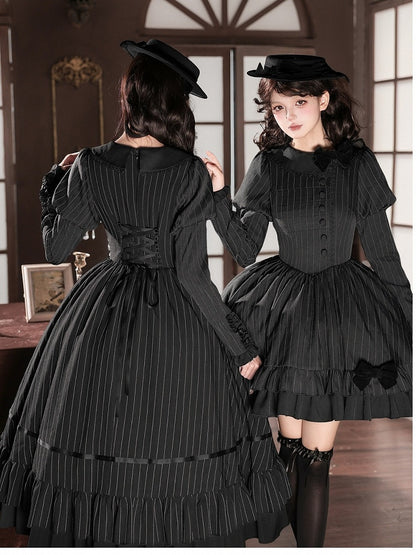 Black Striped Long Sleeve Lolita OP Dress Full Set with Mini Hat & 2-Way Bow Brooch - With PUJI