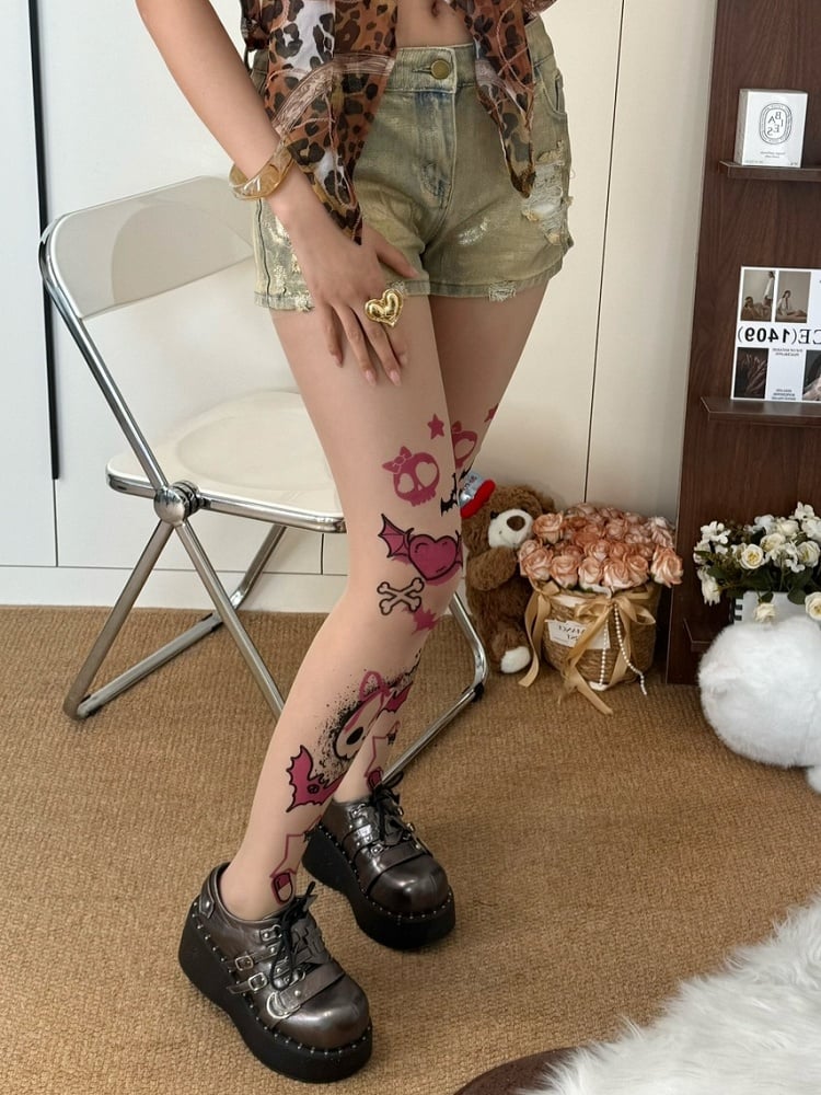 Skeleton Bone Bittersweet Print Tights Y2K And Nude Heart