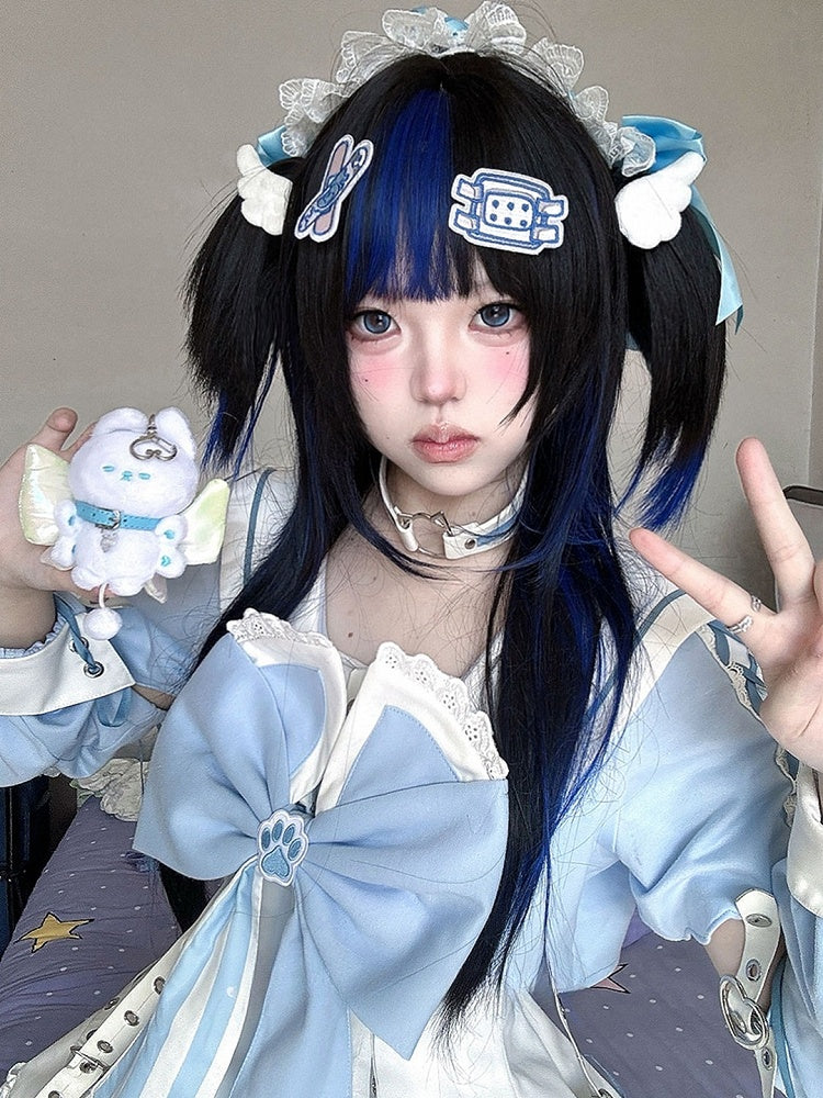 Highlights Ponytails Claw-Clip and Detachable Blue Black Wig with Synthetic