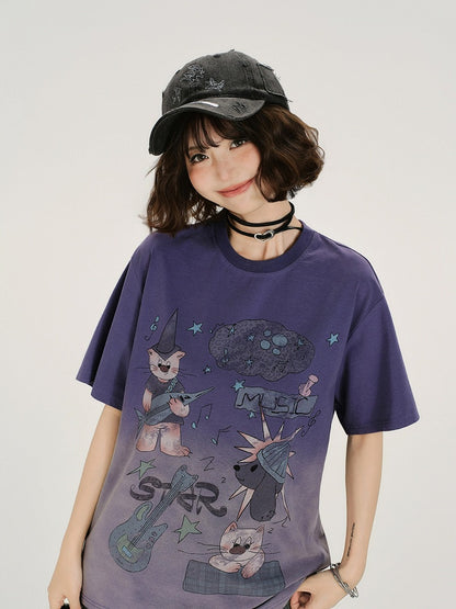 Vintage Purple Faded Wash Design Short Sleeve T-Shirt with Cartoon Print - Girlyhalo