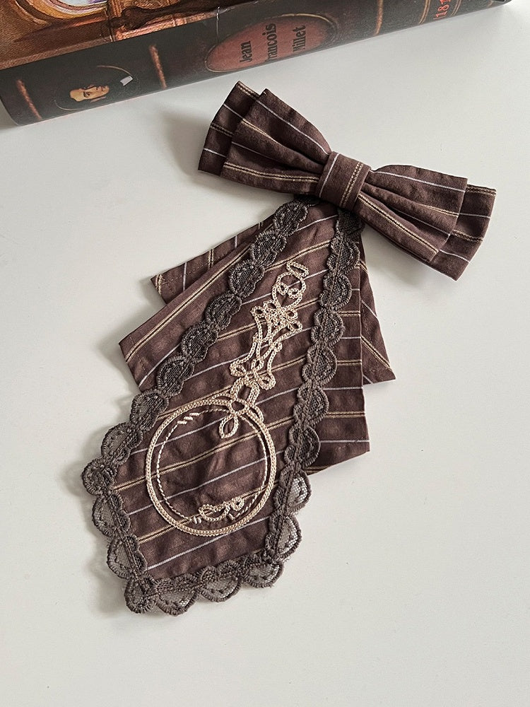 Brown Striped Lolita Jabot with Bow & Embroidery Details - With PUJI