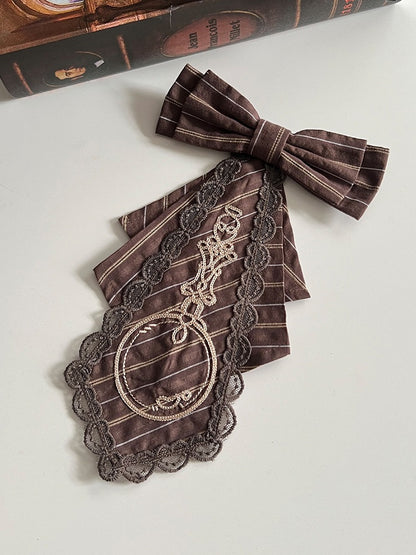 Brown Striped Lolita Jabot with Bow & Embroidery Details - With PUJI