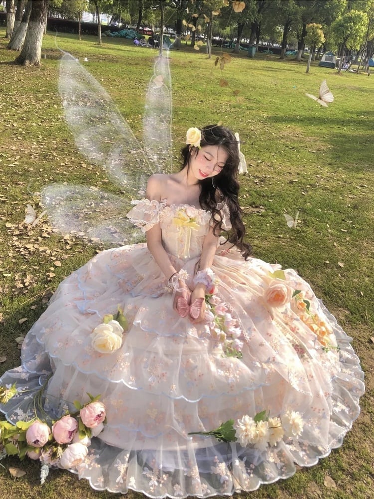 Wrist Full Painting-Inspired Apricot Lolita Skirt + Set Short Elegant Embroidered Cuffs Hanayome JSK - Oil Extension Large Floral Dress White Bow Brooch