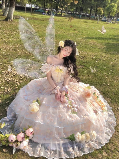 Wrist Full Painting-Inspired Apricot Lolita Skirt + Set Short Elegant Embroidered Cuffs Hanayome JSK - Oil Extension Large Floral Dress White Bow Brooch