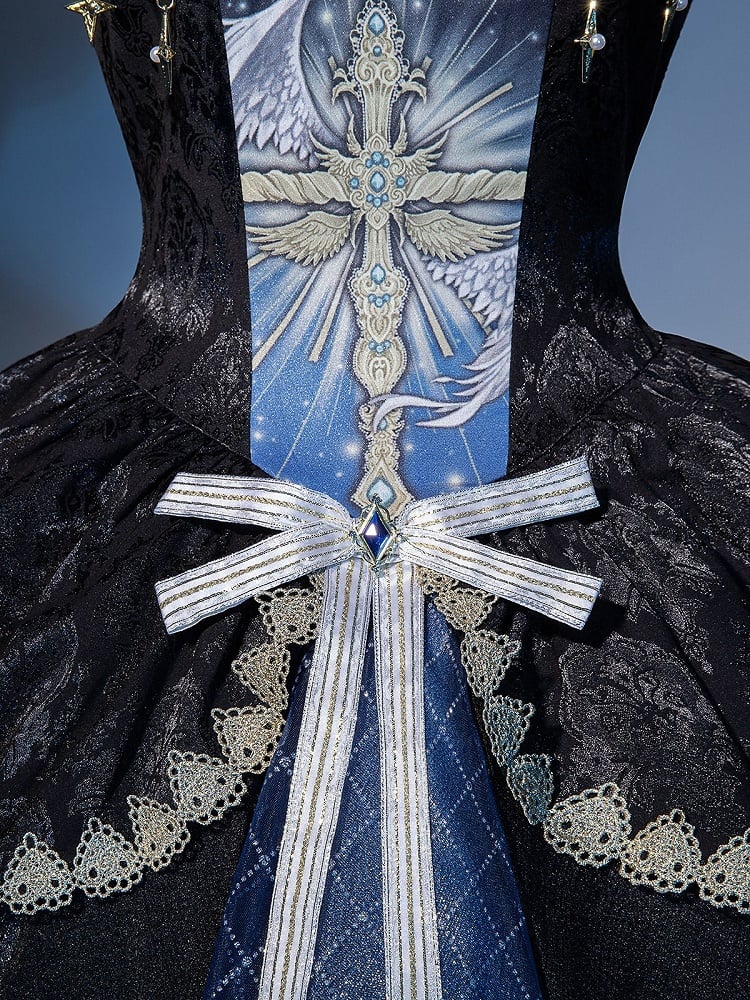 Skirt Gothic Design Cross Off-shoulder and Mock Front Print Jumper Cascading Neck Ruffles