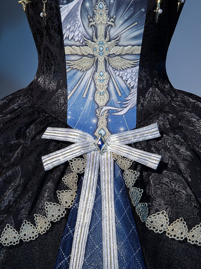 Skirt Gothic Design Cross Off-shoulder and Mock Front Print Jumper Cascading Neck Ruffles