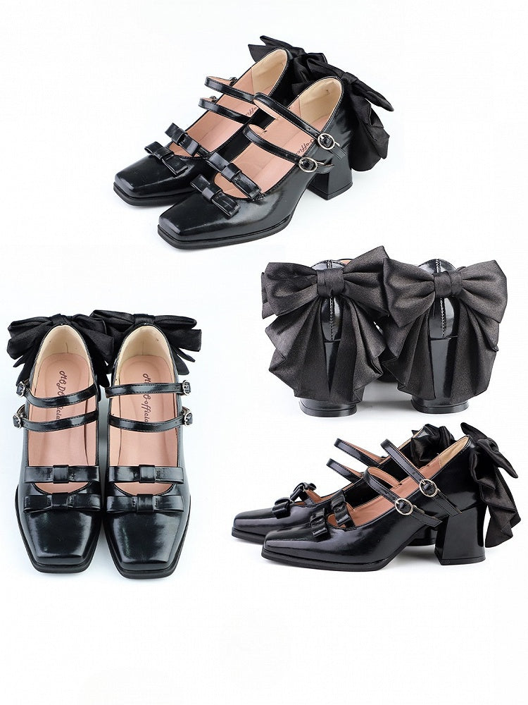 Elegante quadratische Absätze mit doppelter Schleife und PU-Zehenpartie, hohe schwarze Akzente, Lolita-Schnallen