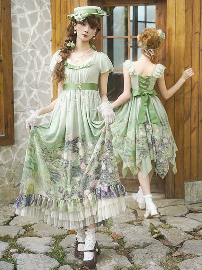 Empire Set Malerei Öl Rosen Lolita Elegant Grün Print Taille OP Rock