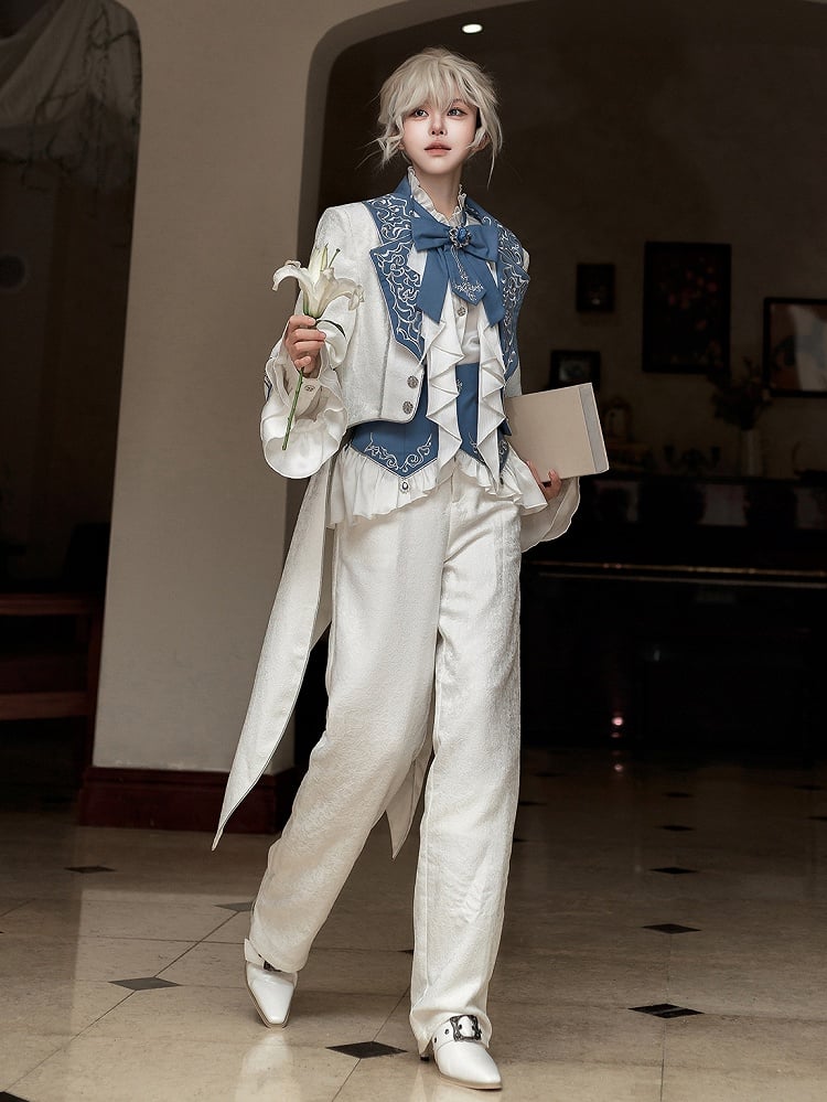 Belt+Pants Coat+Shirt+Corset Pieces Split-Tail Four Ouji Set-BlueWhite Lolita Prince