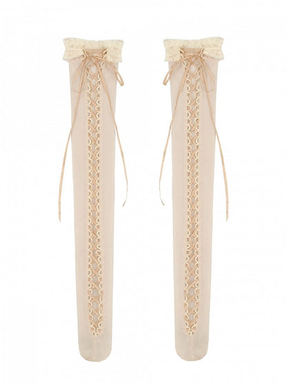Detail Lace-up Stockings Apricot Overknee