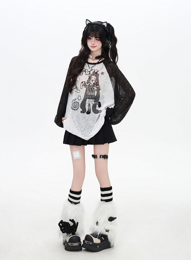 Coverup Colorblock Design Semi-sheer Cartoon Girl Print Black/Pink/Blue