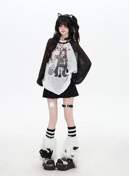 Coverup Colorblock Design Semi-sheer Cartoon Girl Print Black/Pink/Blue