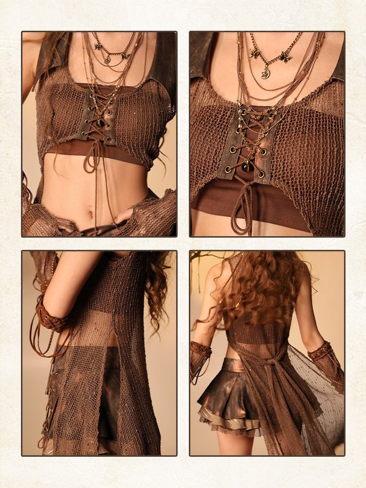 Wasteland Brown Cardigan with Sheer Mesh Cutouts - Virtual Orbit