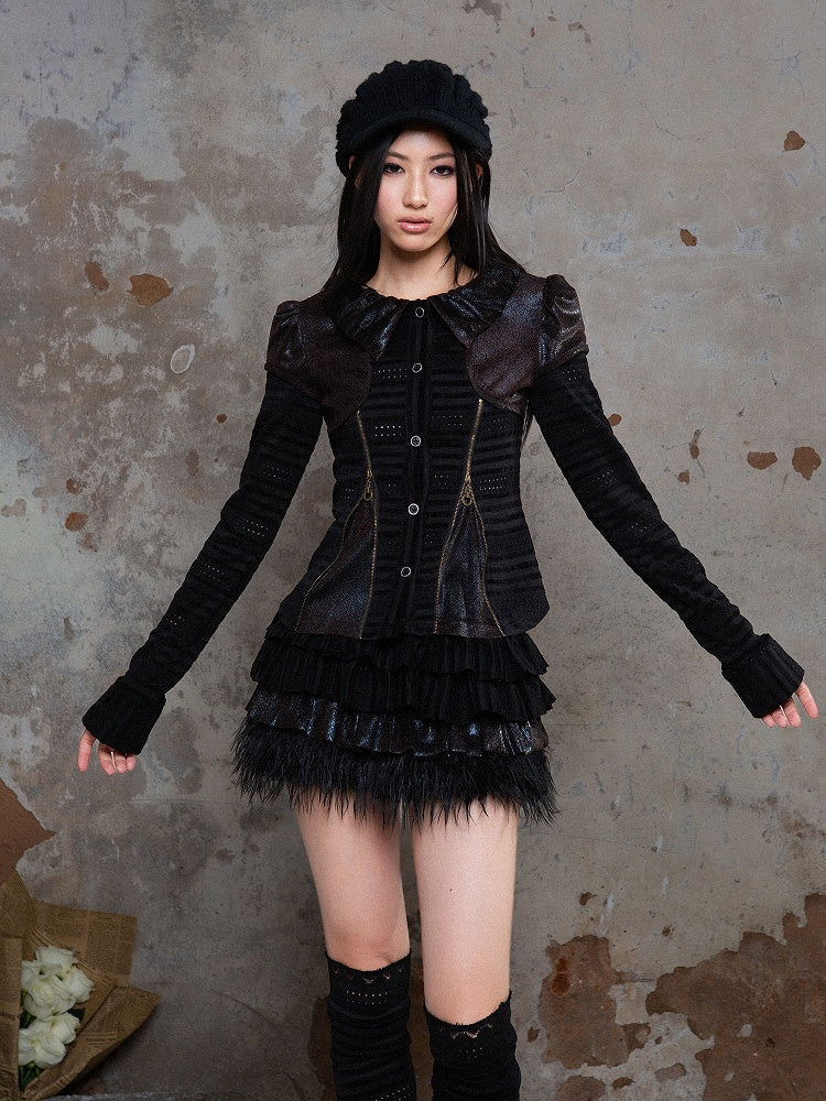 with Side Black Fabric Eyelet Puff Blouse Dotted Collar Punk Ruffled Front Zippers