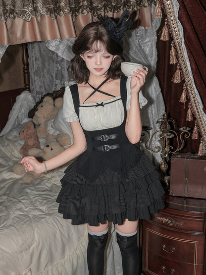 Black & White Striped Halter OP Dress with Necklace and Rabbit Hat - With PUJI