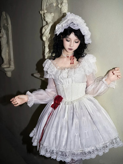 Short Version Gothic Print Lolita Trim Dress Cross Lace Neckline Goth Castle White Square