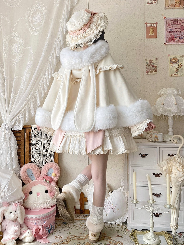 Lolita Winter with Plush Cape Lining Oversized Apricot Ears Bunny Hooded