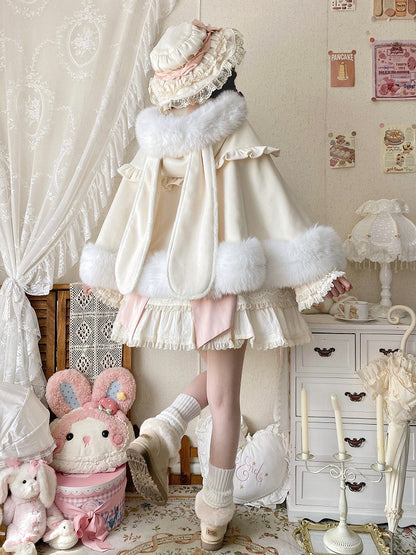 Lolita Winter with Plush Cape Lining Oversized Apricot Ears Bunny Hooded