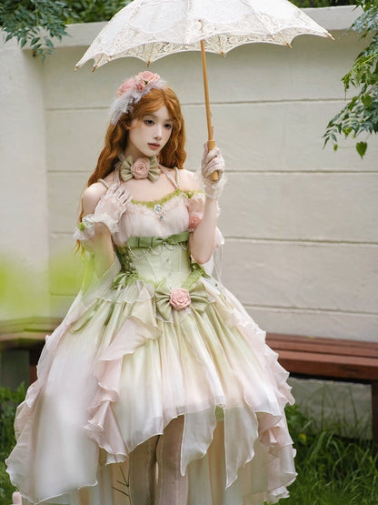 Neckline High-low PinkGreen with Dress Bodice Gradient Color Lolita Off-the-shoulder Boned