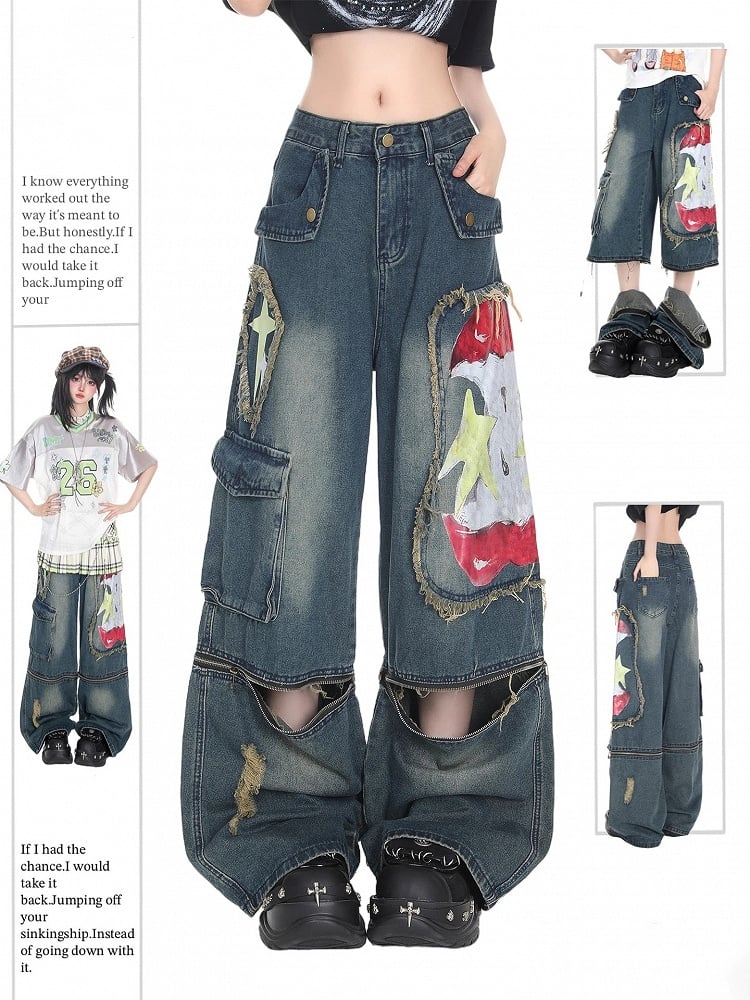 Wide-leg Deep Y2K Blue Graffiti with Print Distressed Jeans Convertible Apple Design