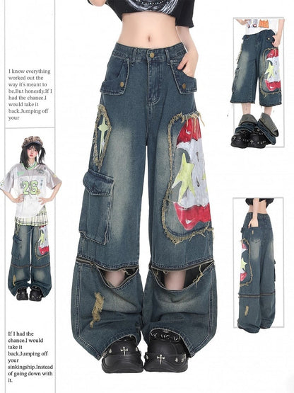 Wide-leg Deep Y2K Blue Graffiti with Print Distressed Jeans Convertible Apple Design