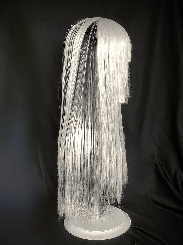 Straight Full Bangs Hime Silver 80CM Black Cut with Wig Highlight