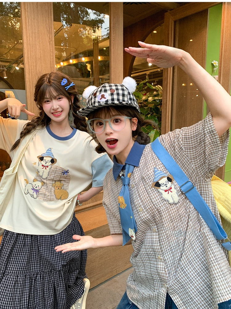 カラーブロックデザイン パピー刺繍Tシャツ オレンジブルー