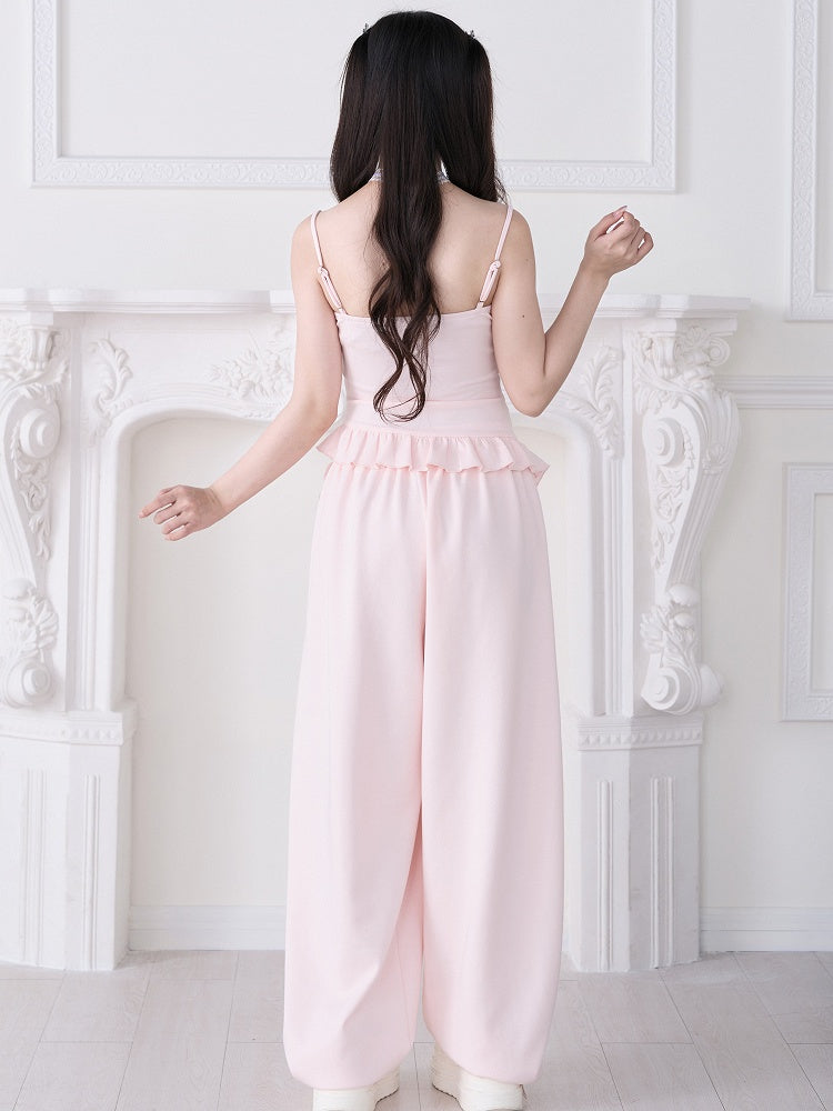 Pink Lace Rhinestone Cami Top with Ruffle and Ribbon - No Genki