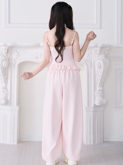 Pink Straight-Leg Pants with Rhinestone Embellishment - No Genki
