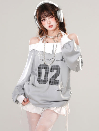 Grey Numbers Print Buckle Strap Halter Sporty Top Drawstring Waist