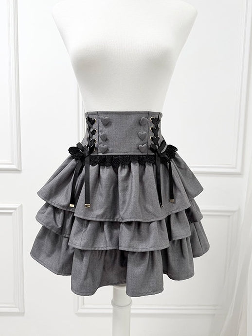 Jirai Kei Gray Three-Tiered Elevated Waist Skirt - nekura